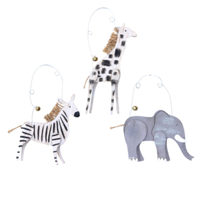 Choice of 3 Zebra Giraffe Elephant Wooden Hanging Decoration Festive wooden wild animal hanging Christmas Tree decoration by designer Gisela Graham.  Choice of 3 - If you have a preference please specify when ordering. Choose from Zebra Giraffe or an Elephant. What a jolly addition to your Christmas decorations. Sure to make everyone smile. Made from wood by Gisela Graham they will delight for years to come. It will compliment any Christmas Tree and will bring Christmas cheer to children at Christmas time year after year. Remember Booker Flowers and Gifts for Gisela Graham Christmas Decorations. Please note this is not a set of 3 - there is a choice of 3 different designs.